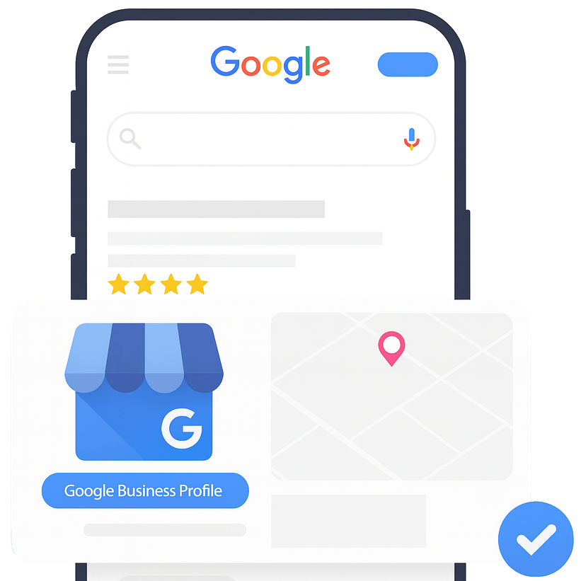 Illustration of a Google Business Profile listing with reviews and map location