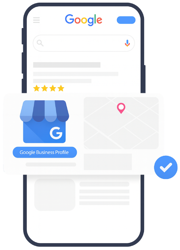 Illustration of Google Business Profile on mobile with reviews and map location