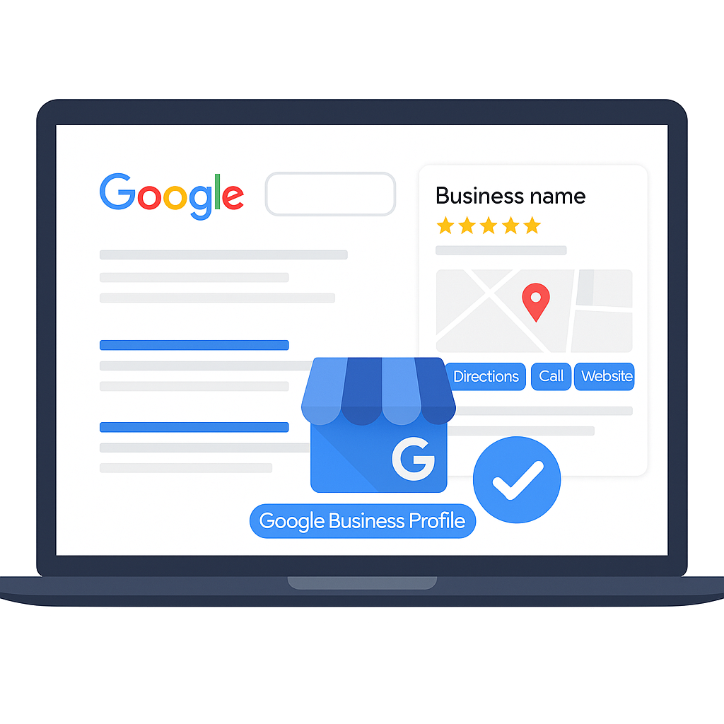 Illustration of a Google Business Profile listing on desktop with reviews and map