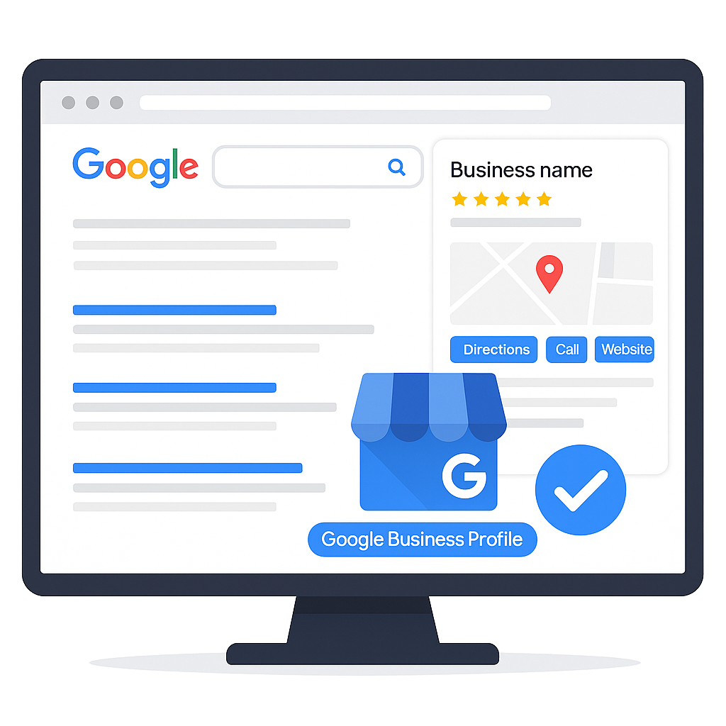 Graphic of local business listing in Google search results with verification badge