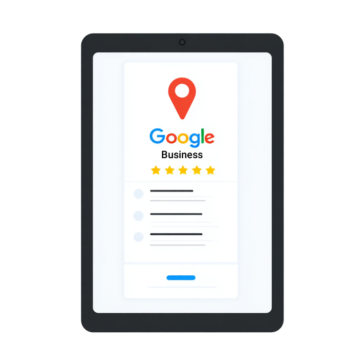 Illustration of Google Business Profile listing on tablet with map pin and star ratings